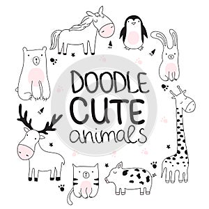 Vector cartoon sketch illustration with cute doodle animals