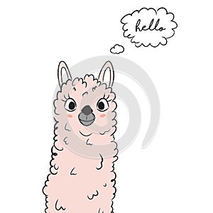 Vector cartoon sketch llama illustration. Alpaka say Hello poster. Cute kids slogan text graphics. Baby girl t shirt art.