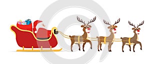 Vector cartoon sleigh, reindeers, sled with Santa Claus.