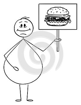 Vector Cartoon of Smiling Obese or Overweight Man Holding Sign with Hamburger or Burger Image