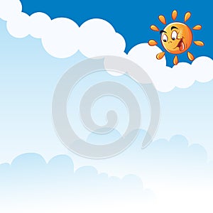 Vector cartoon a smiling sun among clouds