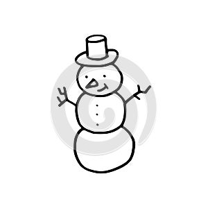 Vector cartoon snowman illustration. Black and white colors. Hand drawn doodle snowman