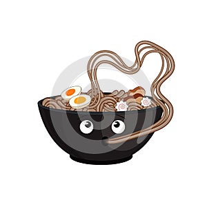 Vector Cartoon Soba Noodles, Black Bowl, Cute Character Isolated on White Background.