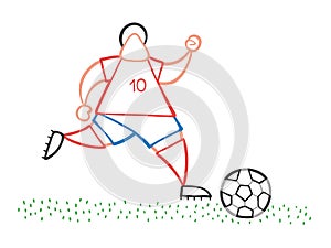 Vector cartoon soccer player man running and dribble ball on pit