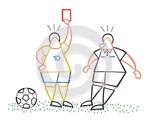 Vector cartoon soccer player man showing red card to referee.