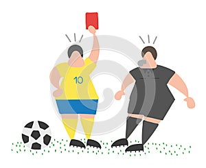 Vector cartoon soccer player man showing red card to referee.