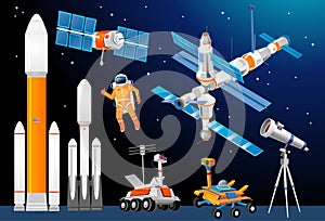 Vector cartoon space exploration set. Space rockets, astronomic