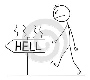 Vector Cartoon Illustration of Angry Man or Businessman Walking on the Path to Hell