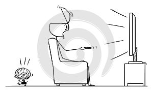 Vector Cartoon of Man Watching Dull Shows in TV or Television, His Brain Is Leaving Him photo