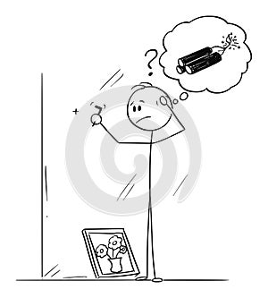 Vector Cartoon of Clumsy Man Thinking About How to Hammer Hook for Framed Picture