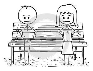 Vector Cartoon of Couple of Man and Woman Sitting on Park Bench, Using Social Media on Mobile Phones and Ignoring Each