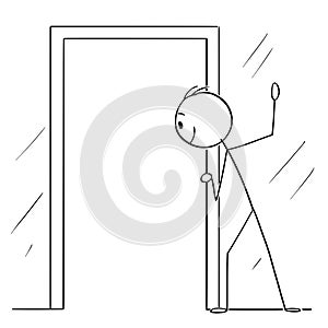 Vector Cartoon of Curious Man or Voyeur Looking Through Open Door photo