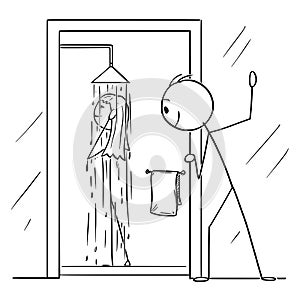 Vector Cartoon of Curious Man or Voyeur Watching Naked Woman Taking Shower in Bathroom photo