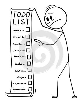Vector Cartoon Illustration of Depressed Man or Businessman Holding Long Todo, To-do or Checklist or Task List photo