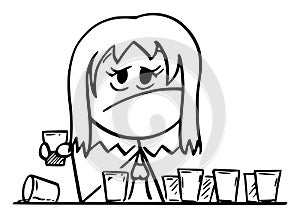 Vector Cartoon of Frustrated Drunk Woman Sitting with Many Empty Glasses on Table