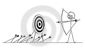 Vector Cartoon Illustration of Man or Businessman Shooting Arrow at Target with Bow and Missing. Concept of Business