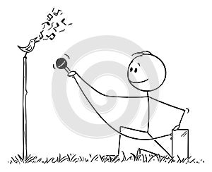 Vector Cartoon of Man or Ornithologist Recording Bird Singing or Birdsong with Microphone photo