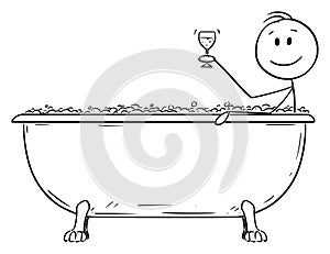 Vector Cartoon of Man Relaxing in Batch Tub with Glass of Wine photo