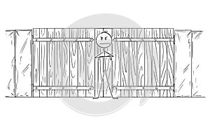 Vector Cartoon Illustration of Man or Security Guard Guarding Closed Gate or Door