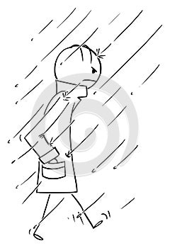 Vector Cartoon of Man Walking in Heavy Rain Wrapped in and Wearing Coat, Overcoat, Topcoat, Raincoat or Greatcoat photo