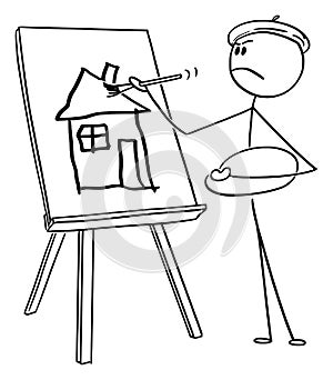 Vector Cartoon of Man Artist Painting Amateurish House on Canvas with Brush