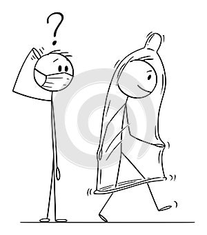 Vector Cartoon Illustration of Shocked Man in Face Mask Looking at Another Man Wearing Condom as Protective Suit Against