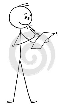 Vector Cartoon of Smiling Man or Businessman Writing on Sheet of Paper with Ballpoint Pen photo