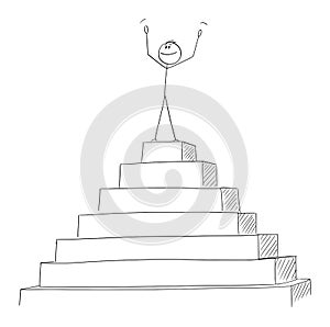 Vector Cartoon of Successful Man or Businessman Celebrating on the Peak of the Pyramid. Concept of Success.