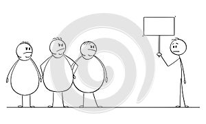 Vector Cartoon Illustration of Thin Man Holding Empty Sign and Group of Three Angry Overweight or Fat Men Looking at Him
