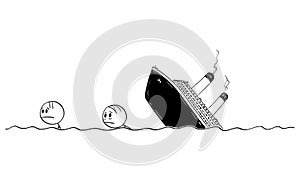 Vector Cartoon Illustration of Two Men or Survivors Swimming in Water or Sea or Ocean From Wrecked Ship or Shipwreck.