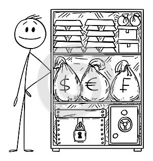 Vector Cartoon Illustration of Rich or Wealthy Man With Stockpile of Money and Gold for Crisis photo