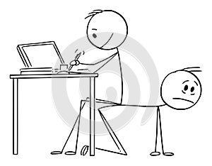 Vector Cartoon Illustration of Man or Businessman Working in Office Sitting on Back of Another Man Instead on Chair