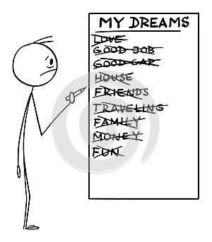 Vector Cartoon Illustration of Man Holding Marker or Pen and Writing List of His Unfulfilled Dreams