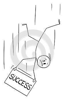 Vector Cartoon Illustration of Unsuccessful Man or Businessman Falling Down and Holding Success Sign photo