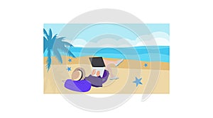Vector cartoon style background of sea shore.youngman laying on bag with laptop. Good sunny day.tree. star fish photo
