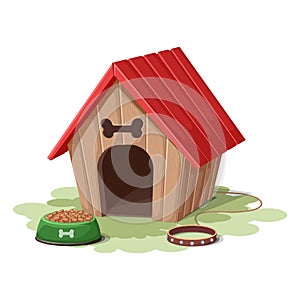 Vector cartoon style dog house with rope and red collar with grass and dog food bowl. on white background