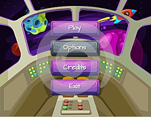 Vector cartoon style enabled and disabled buttons with text for game design on spaceship texture background