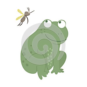 Vector cartoon style flat funny frog with mosquito isolated on white background. Cute illustration of woodland swamp animal.