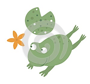 Vector cartoon style flat funny frog with waterlily isolated on white background. Cute illustration of woodland swamp animal.