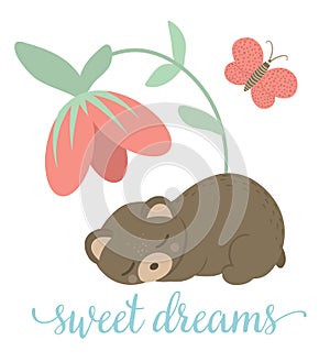 Vector cartoon style hand drawn flat bear sleeping under the flower with butterfly. Funny scene with a Teddy. Cute illustration of