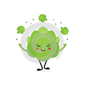 Vector cartoon style illustration with cute happy green artichoke character juggling little artichokes