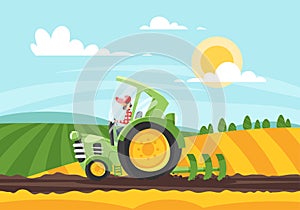 Vector cartoon style illustration of farmer working in farmed land