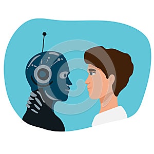 Vector cartoon style illustration of human aggressive businessman vs robot confrontation arm wrestling. Modern