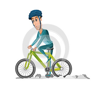 Vector cartoon style illustration. Man in sport wear riding on the bike Isolated on white background