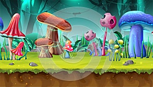 Vector cartoon style magic mushroom green background