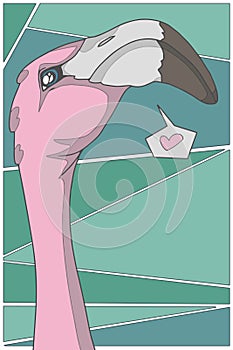 Vector cartoon style pink flamingo with heart on green background graphic illustration