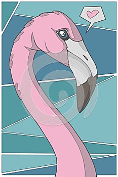 Vector cartoon style pink flamingo with heart on teal background graphic illustration