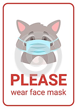 Vector cartoon style raccoon wearing face mask