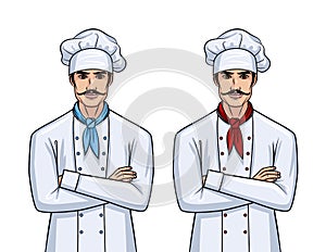 Vector cartoon style set of a two handsome young men in cook uniform.