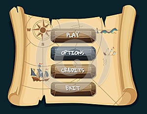 Vector cartoon style stone enabled and disabled buttons with text for game design on treasure map scroll background photo